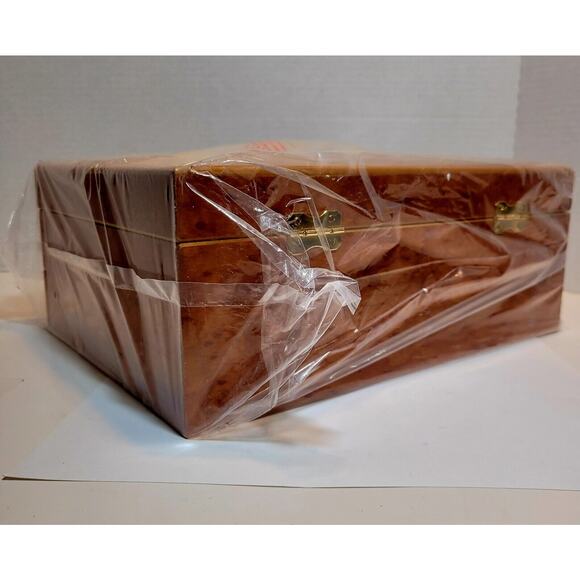 Honey Colored Wood Inlay Jewelry Box Plush Lining 2 Tier multiple storage areas - Picture 7 of 12